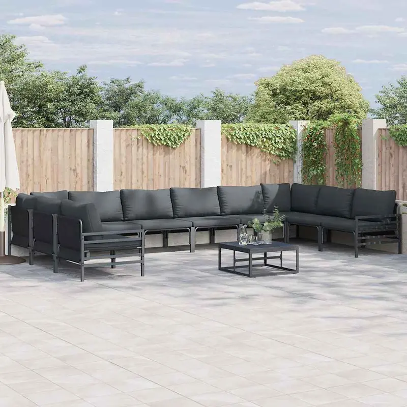 Conjunto de sofás de jardín con cojín 10 pcs Negro Acero
