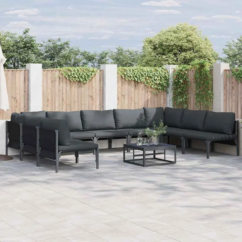 Conjunto de sofás de jardín con cojín 10 pcs Negro Acero
