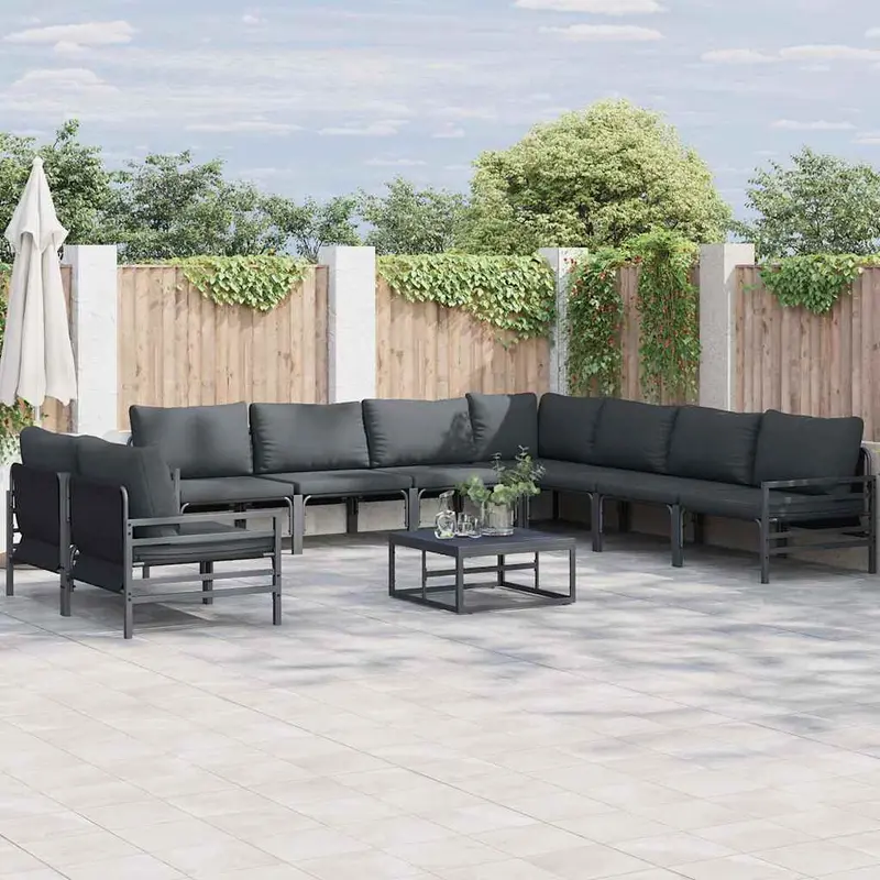 Conjunto de sofás de jardín con cojín 10 pcs Negro Acero