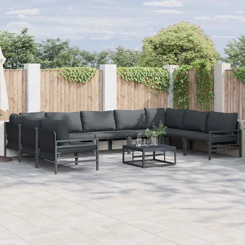 Conjunto de sofás de jardín con cojín 10 pcs Negro Acero