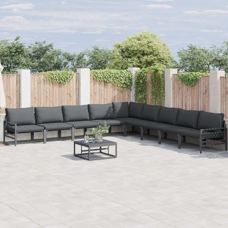 Conjunto de sofás de jardín con cojín 10 pcs Negro Acero