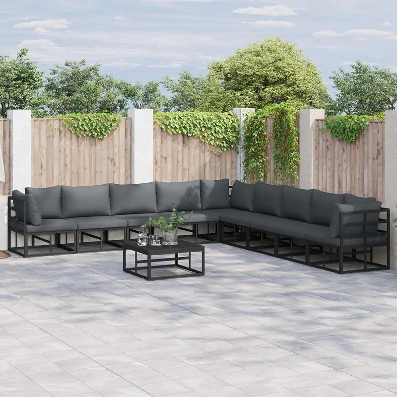 Conjunto de sofás de jardín con cojín 10 pcs Negro Aluminio