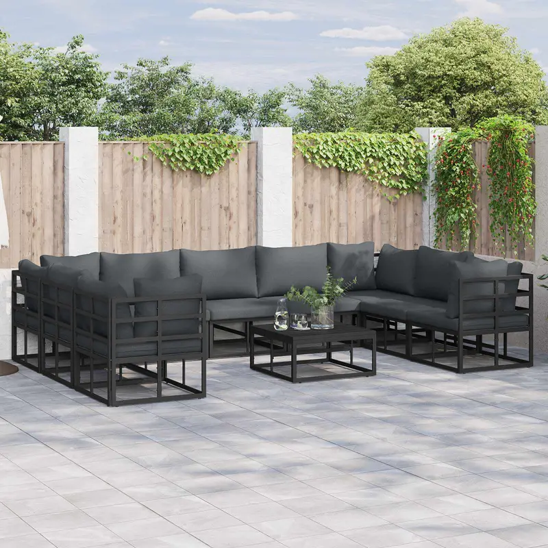 Conjunto de sofás de jardín con cojín 10 pcs Negro Aluminio