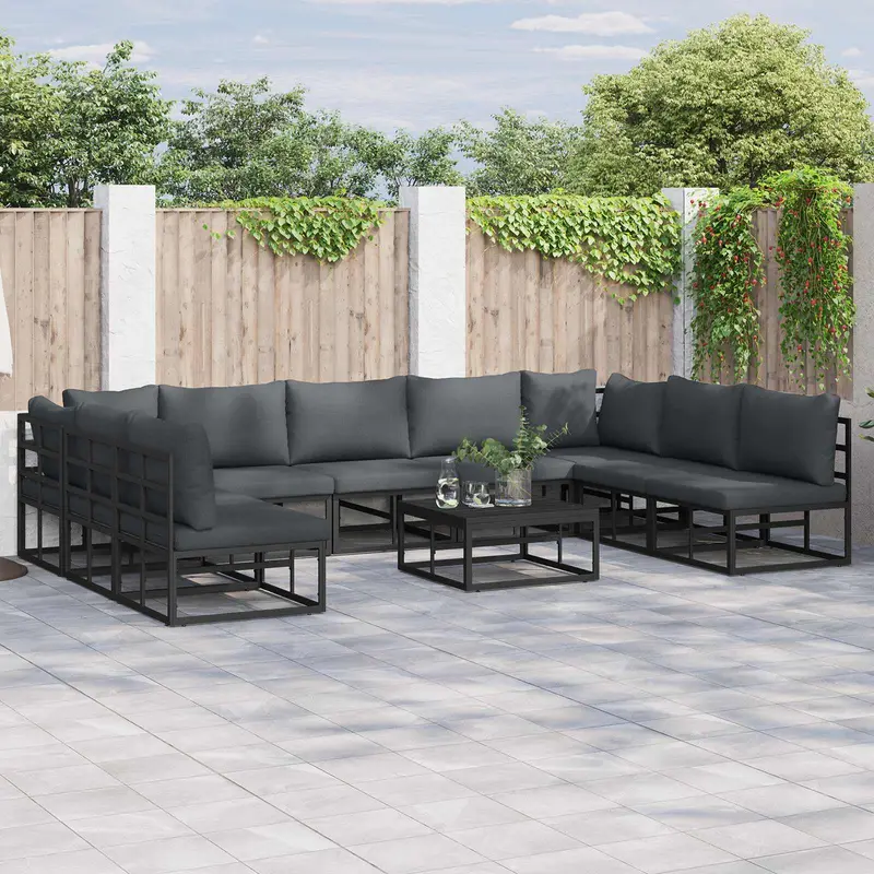 Conjunto de sofás de jardín con cojín 10 pcs Negro Aluminio