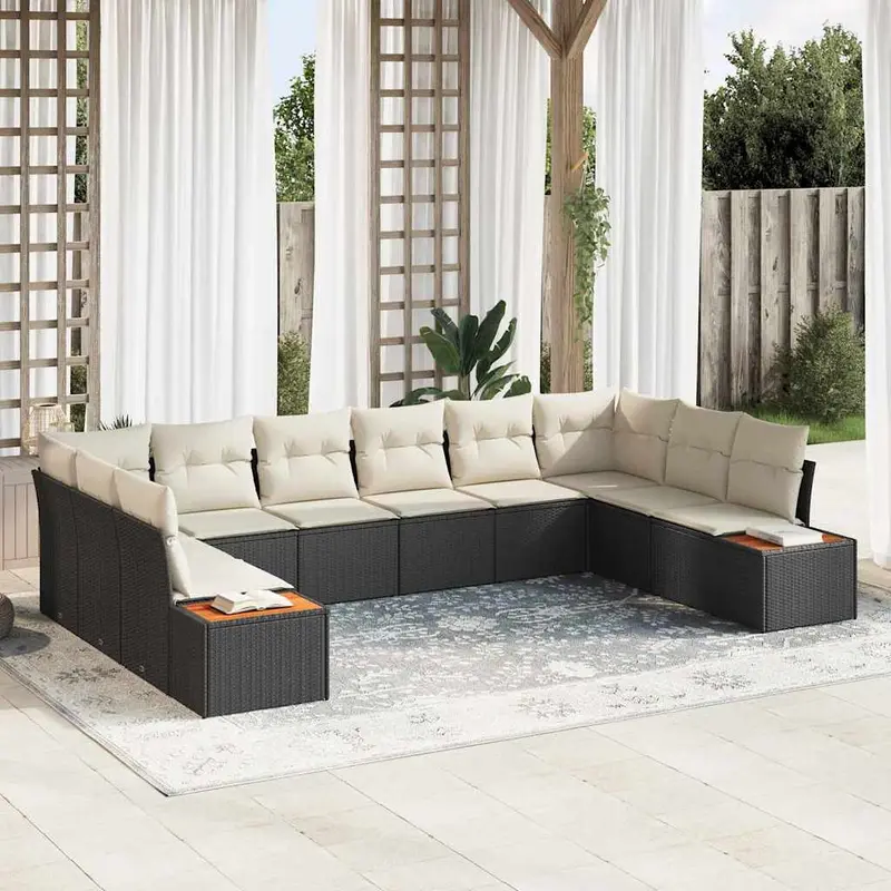 Conjunto de sofás de jardín con cojín 10 pcs Negro Poliratán