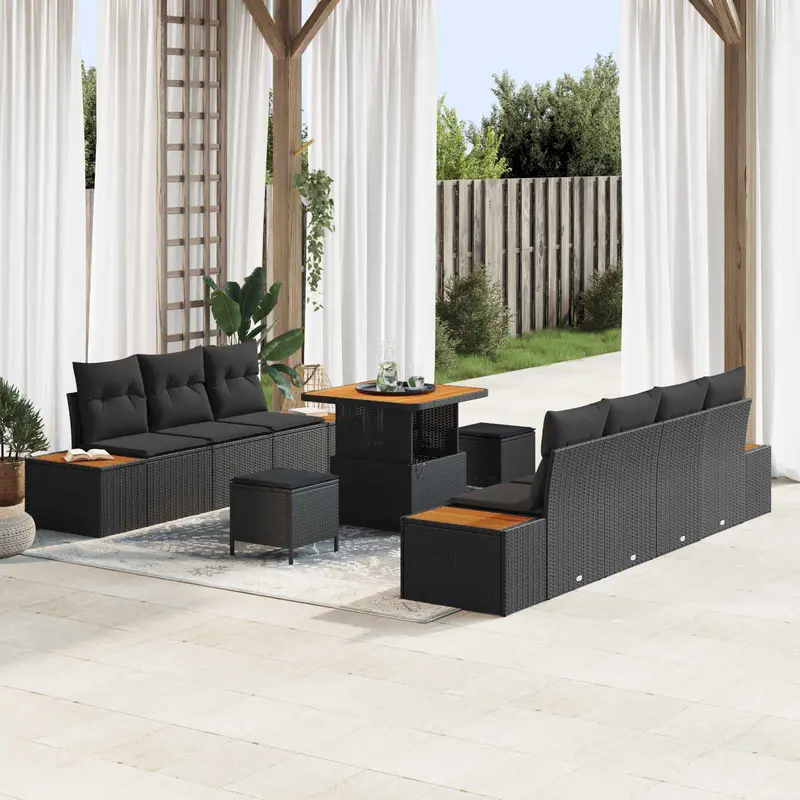 Conjunto de sofás de jardín con cojín 10 pcs Negro Poliratán