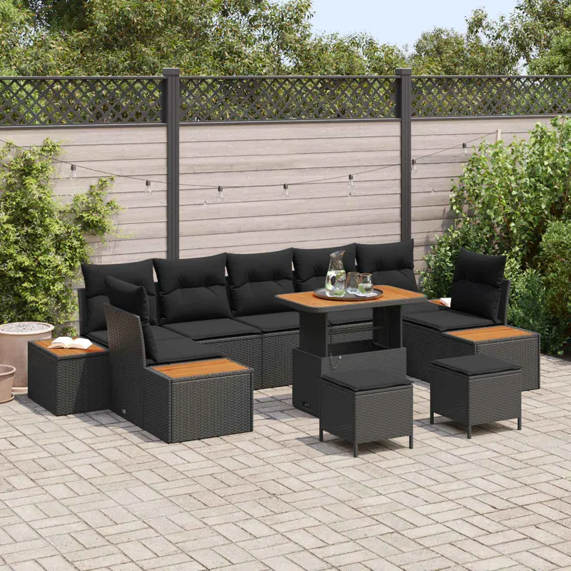 Conjunto de sofás de jardín con cojín 10 pcs Negro Poliratán
