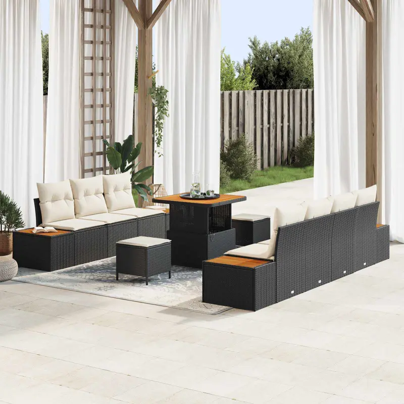 Conjunto de sofás de jardín con cojín 10 pcs Negro y crema