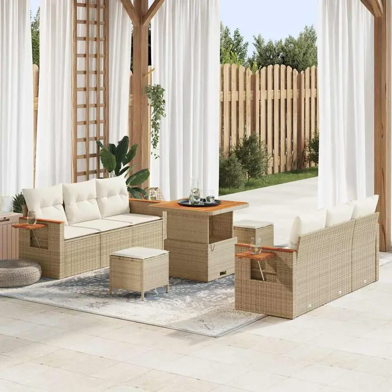 Conjunto de sofás de jardín con cojín 11 pcs Beige y Crema