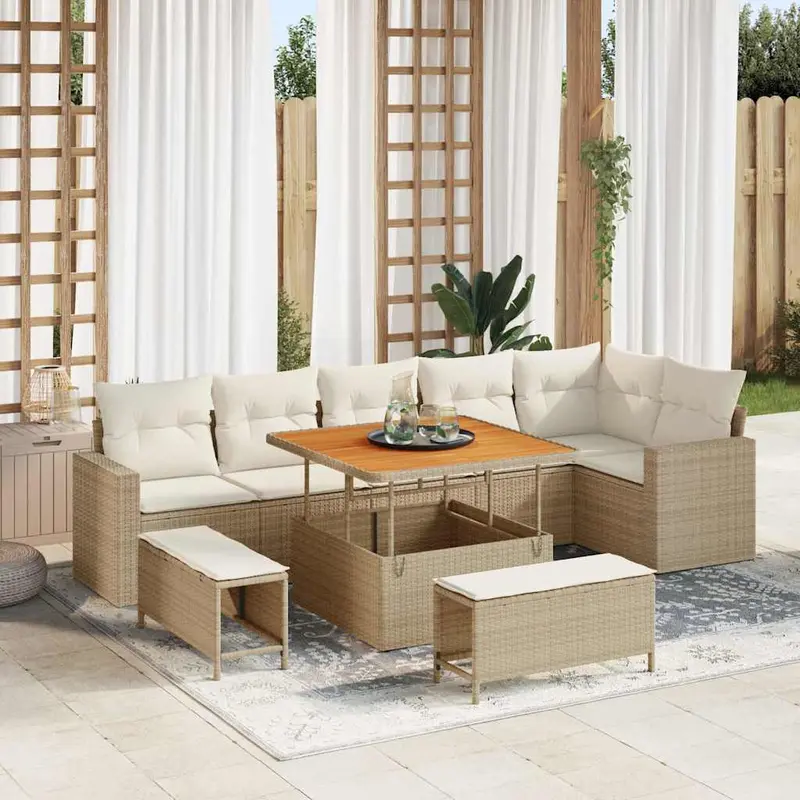 Conjunto de sofás de jardín con cojín 11 pcs Beige y Crema