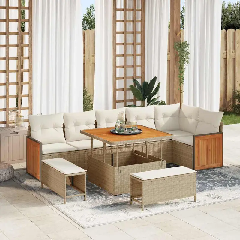 Conjunto de sofás de jardín con cojín 11 pcs Beige y Crema
