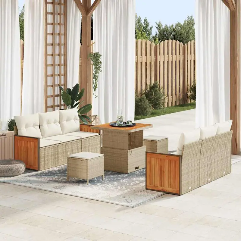 Conjunto de sofás de jardín con cojín 11 pcs Beige y Crema