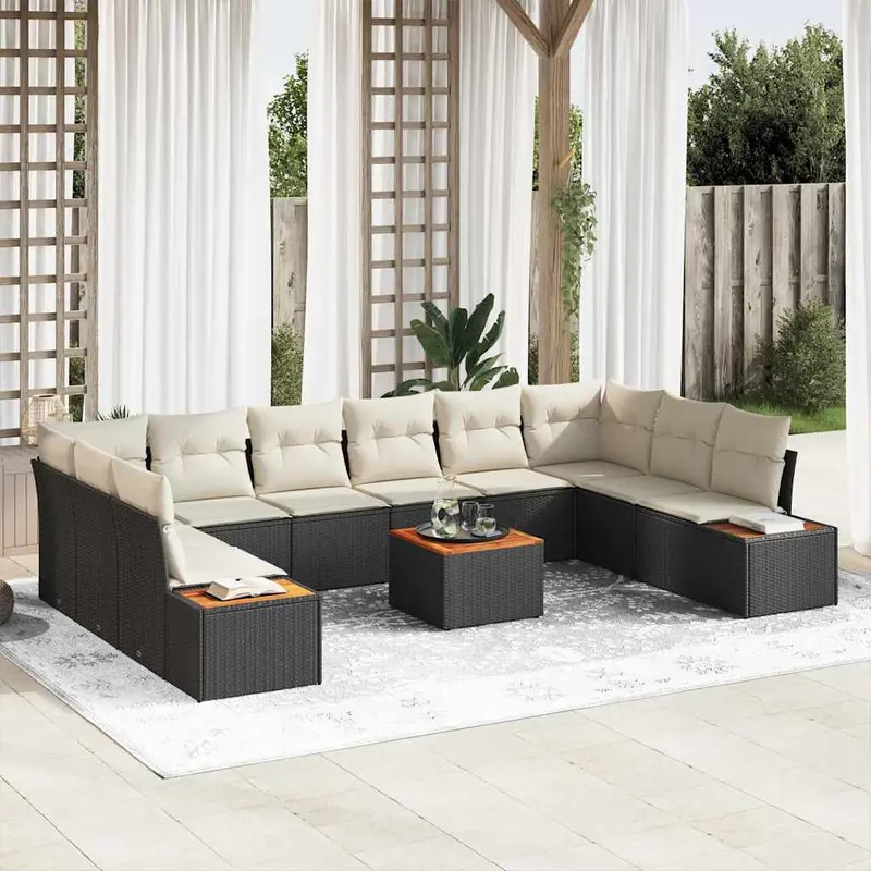 Conjunto de sofás de jardín con cojín 11 pcs Negro Poliratán