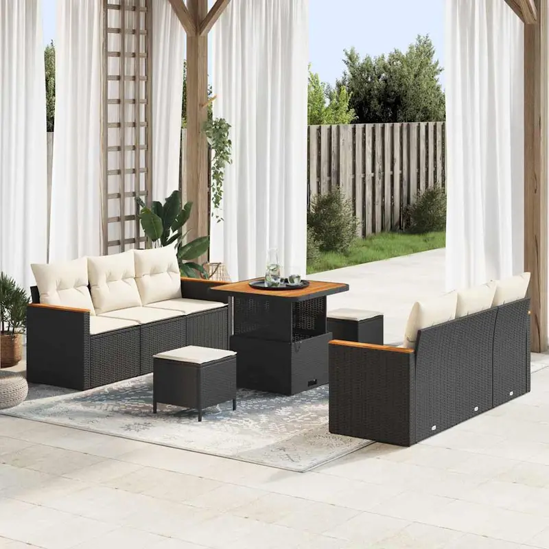Conjunto de sofás de jardín con cojín 11 pcs Negro y crema