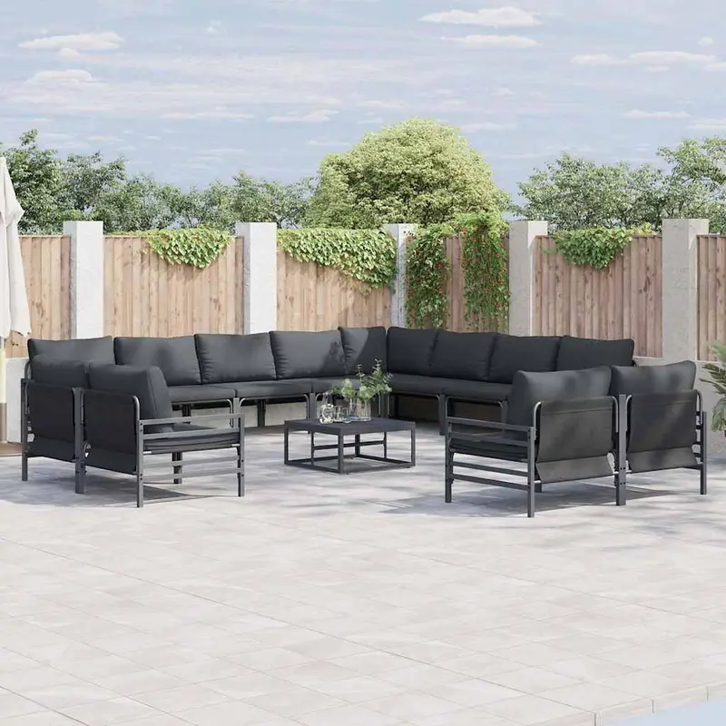Conjunto de sofás de jardín con cojín 12 pcs Negro Acero