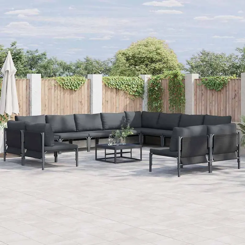 Conjunto de sofás de jardín con cojín 12 pcs Negro Acero