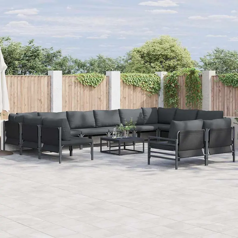 Conjunto de sofás de jardín con cojín 12 pcs Negro Acero