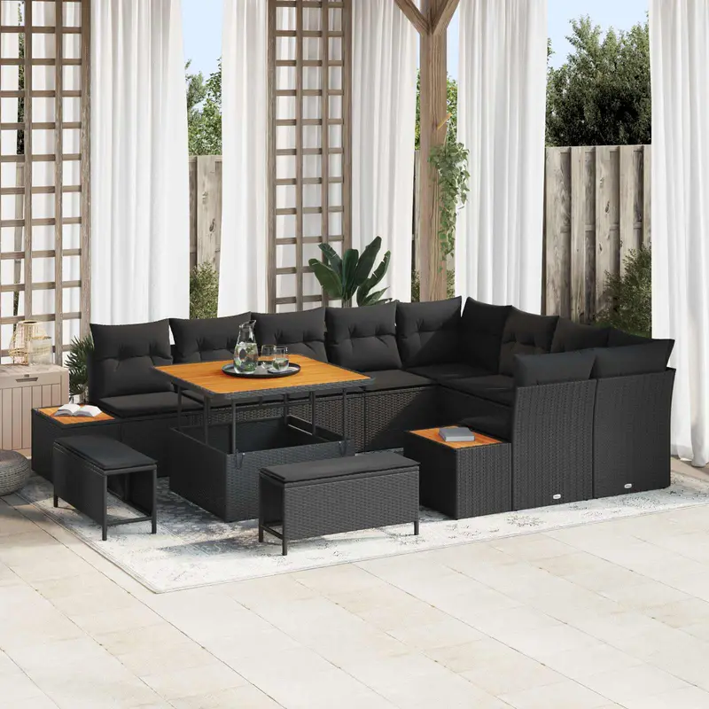 Conjunto de sofás de jardín con cojín 12 pcs Negro Poliratán
