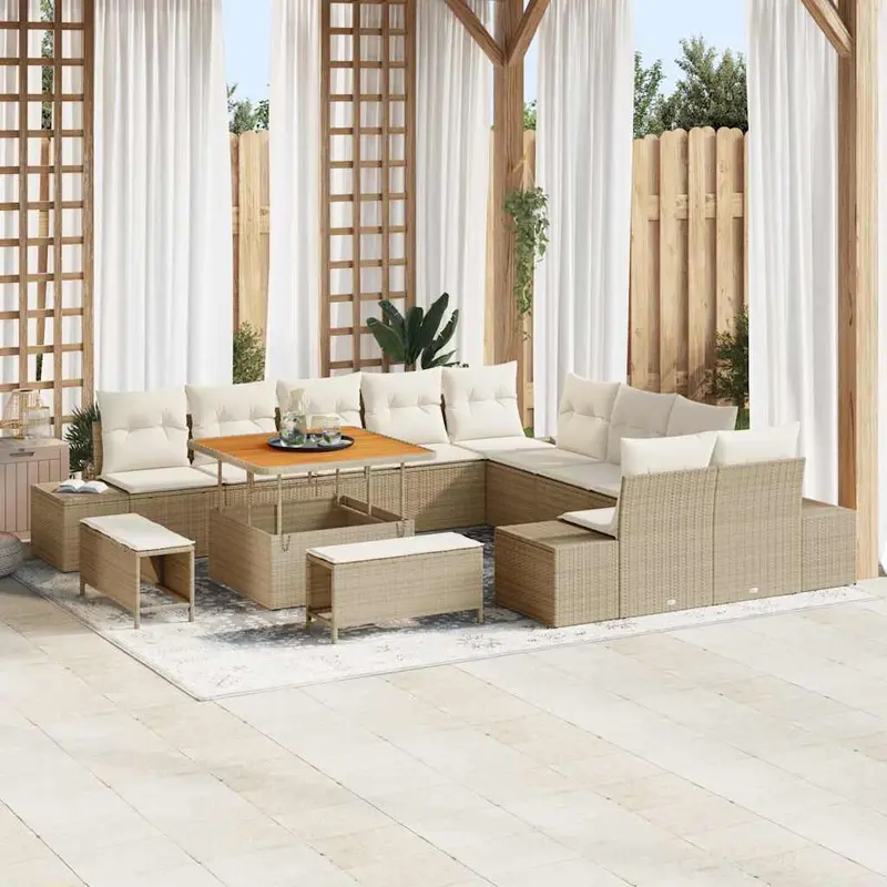 Conjunto de sofás de jardín con cojín 13 pcs Beige Poliratán