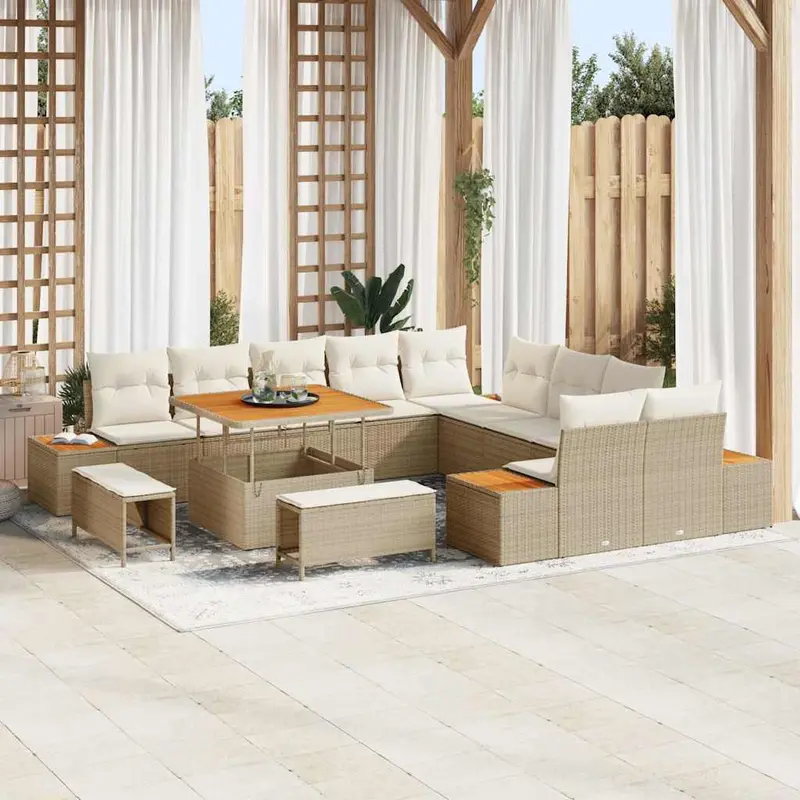 Conjunto de sofás de jardín con cojín 13 pcs Beige Poliratán