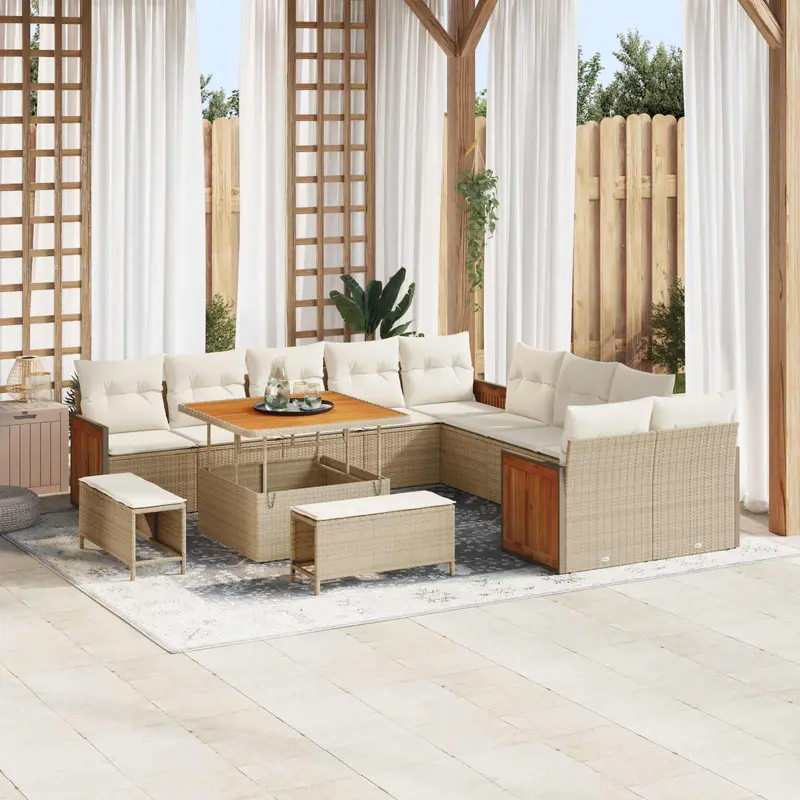 Conjunto de sofás de jardín con cojín 13 pcs Beige y Crema
