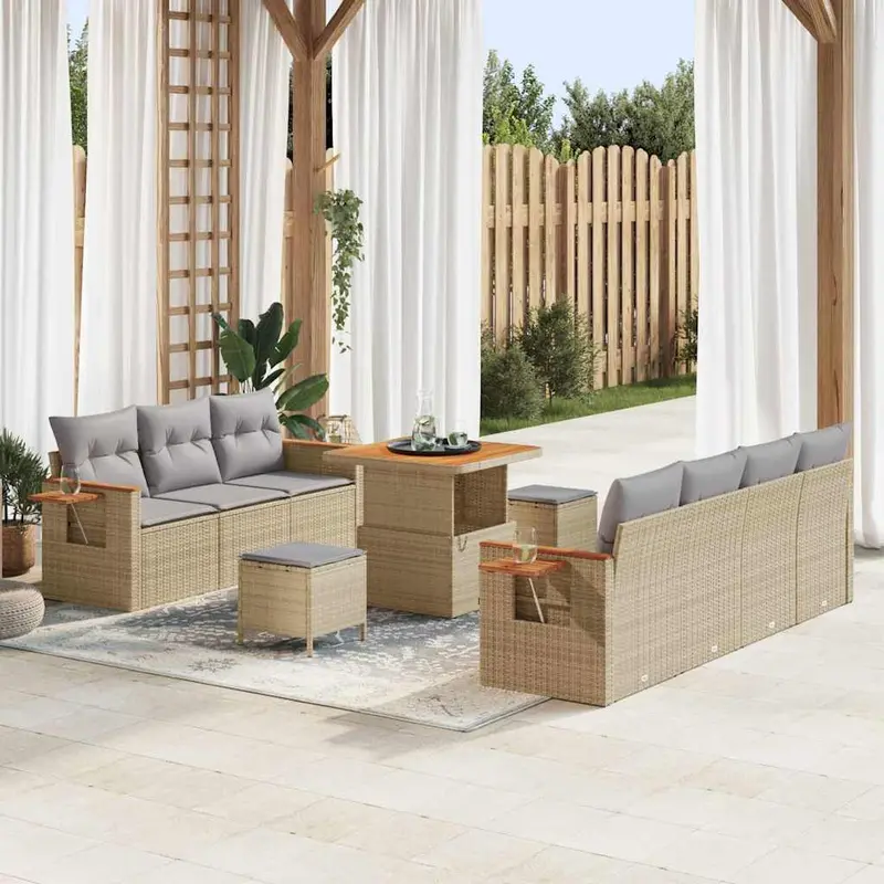 Conjunto de sofás de jardín con cojín 13 pcs Beige y Gris Claro