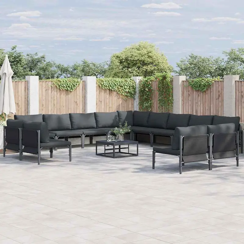 Conjunto de sofás de jardín con cojín 13 pcs Negro Acero