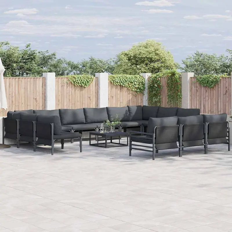 Conjunto de sofás de jardín con cojín 13 pcs Negro Acero
