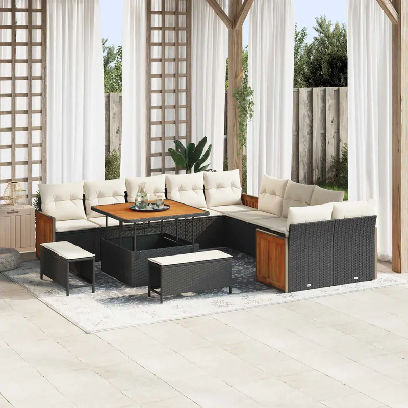 Conjunto de sofás de jardín con cojín 13 pcs Negro y crema