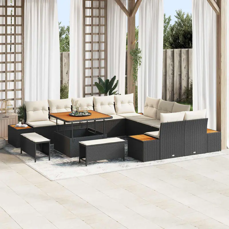 Conjunto de sofás de jardín con cojín 13 pcs Negro y crema