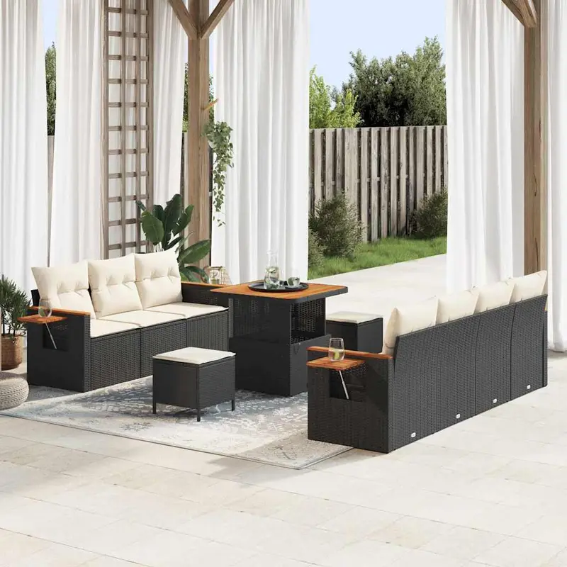 Conjunto de sofás de jardín con cojín 13 pcs Negro y crema