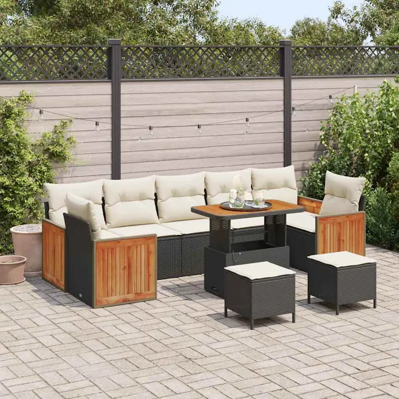 Conjunto de sofás de jardín con cojín 13 pcs Negro y crema
