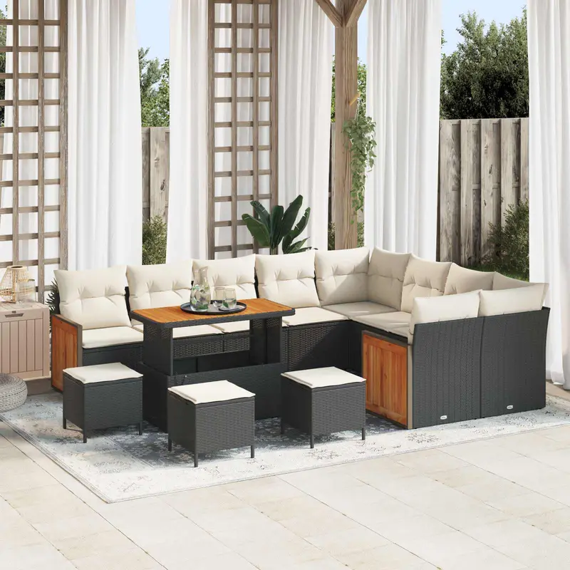Conjunto de sofás de jardín con cojín 13 pcs Negro y crema