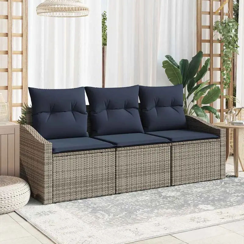 Conjunto de sofás de jardín con cojín 3 pcs Gris y azul marino