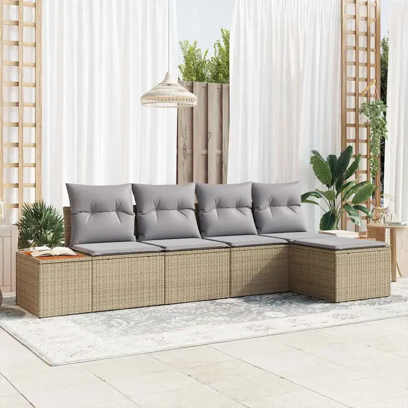 Conjunto de sofás de jardín con cojín 5 pcs Beige Poliratán