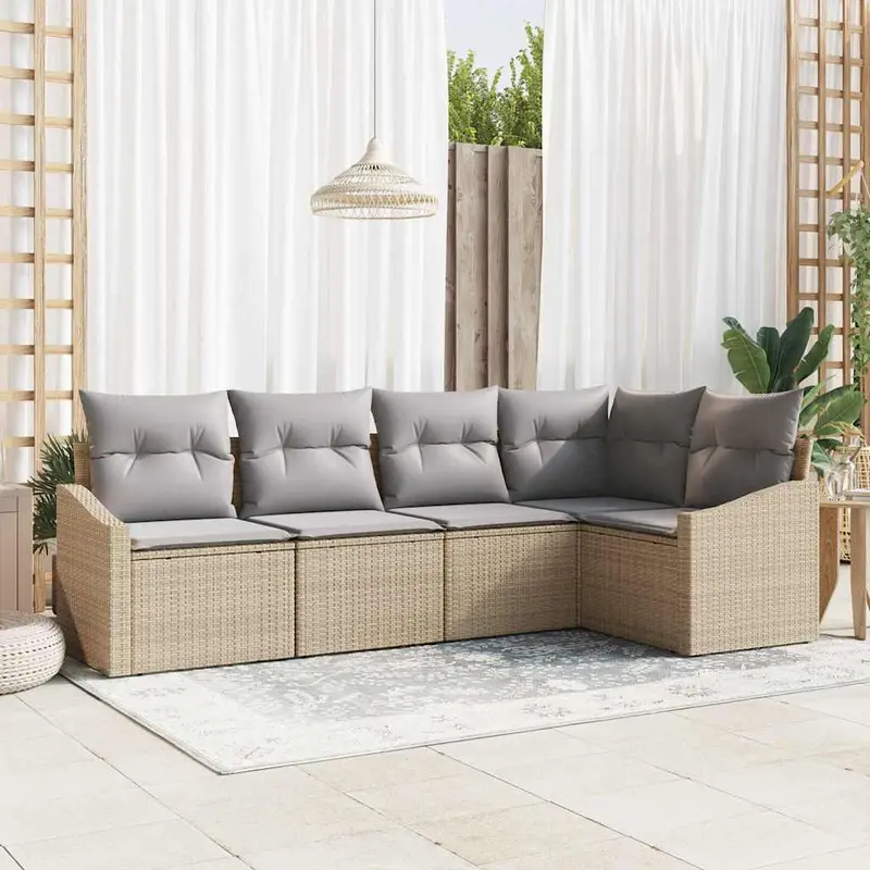 Conjunto de sofás de jardín con cojín 5 pcs Beige y Gris Claro