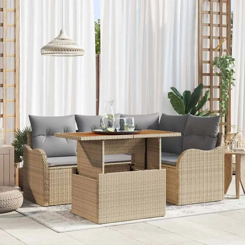 Conjunto de sofás de jardín con cojín 5 pcs Beige y Gris Claro
