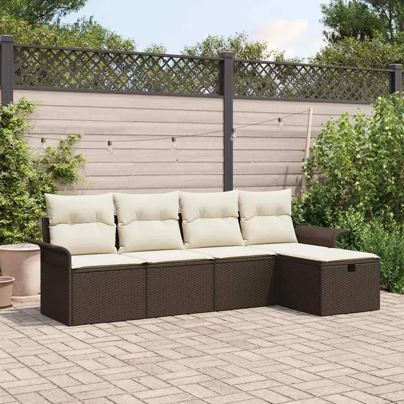 Conjunto de sofás de jardín con cojín 5 pcs Marrón y crema