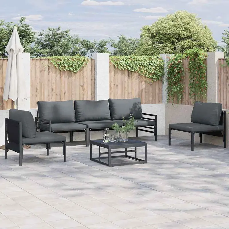 Conjunto de sofás de jardín con cojín 5 pcs Negro Acero