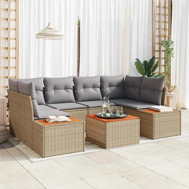 Conjunto de sofás de jardín con cojín 6 pcs Beige Poliratán