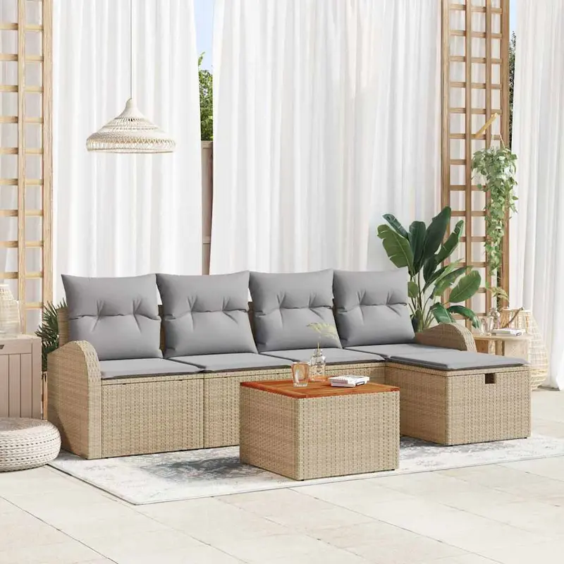 Conjunto de sofás de jardín con cojín 6 pcs Beige Poliratán