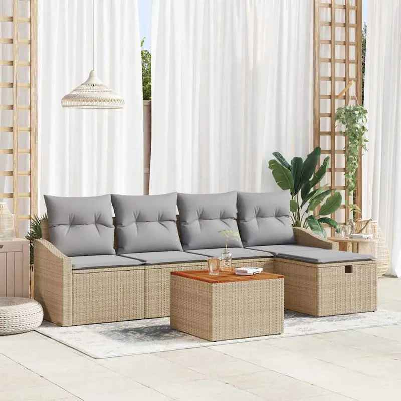 Conjunto de sofás de jardín con cojín 6 pcs Beige Poliratán