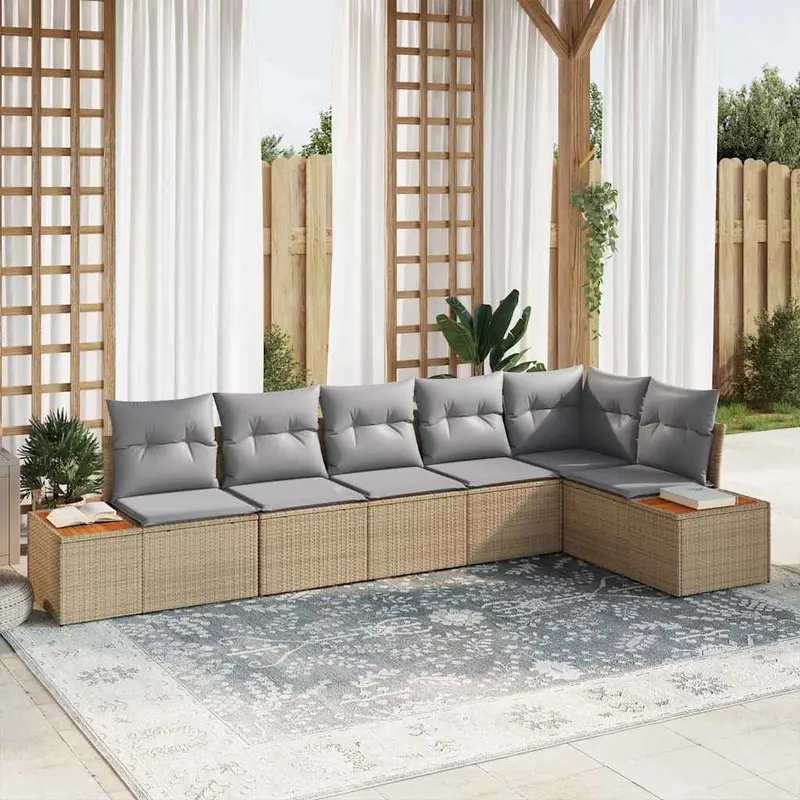 Conjunto de sofás de jardín con cojín 6 pcs Beige Poliratán