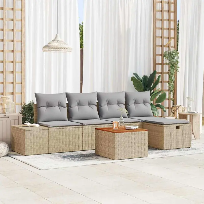 Conjunto de sofás de jardín con cojín 6 pcs Beige Poliratán