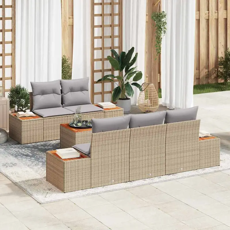 Conjunto de sofás de jardín con cojín 6 pcs Beige Poliratán