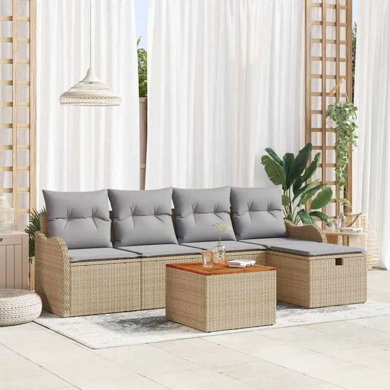 Conjunto de sofás de jardín con cojín 6 pcs Beige Poliratán