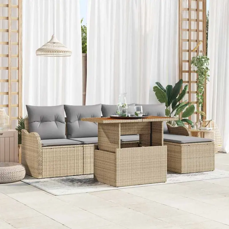 Conjunto de sofás de jardín con cojín 6 pcs Beige y Gris Claro