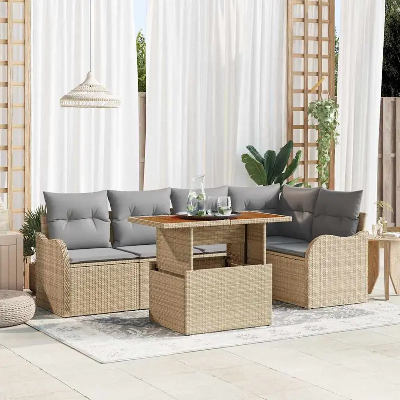 Conjunto de sofás de jardín con cojín 6 pcs Beige y Gris Claro
