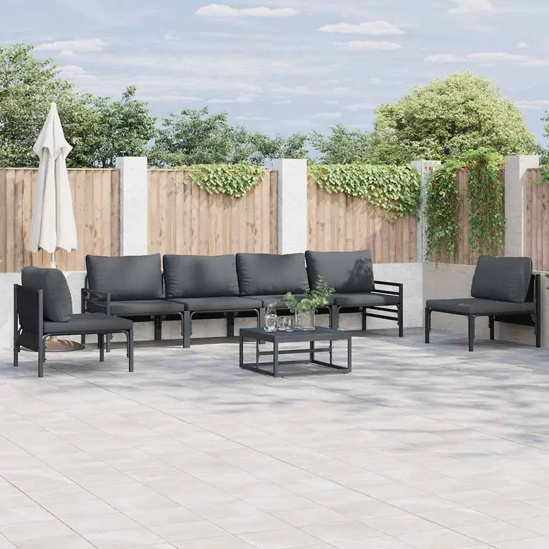 Conjunto de sofás de jardín con cojín 6 pcs Negro Acero