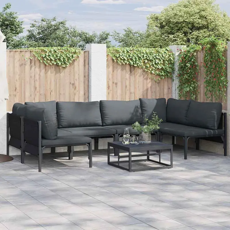 Conjunto de sofás de jardín con cojín 6 pcs Negro Acero
